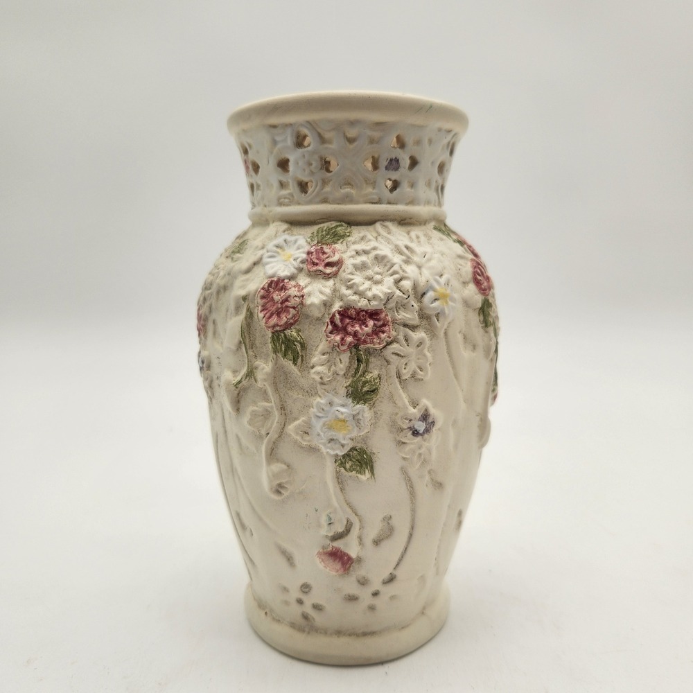 Ks Collection Floral Bud Vase Cream Pink Roses Lattice Neck Victorian Style